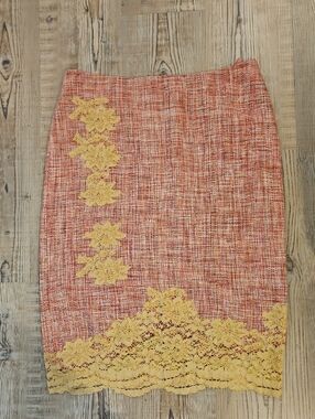 Mag Yellow Lace-Trim Red Tweed Pencil Skirt